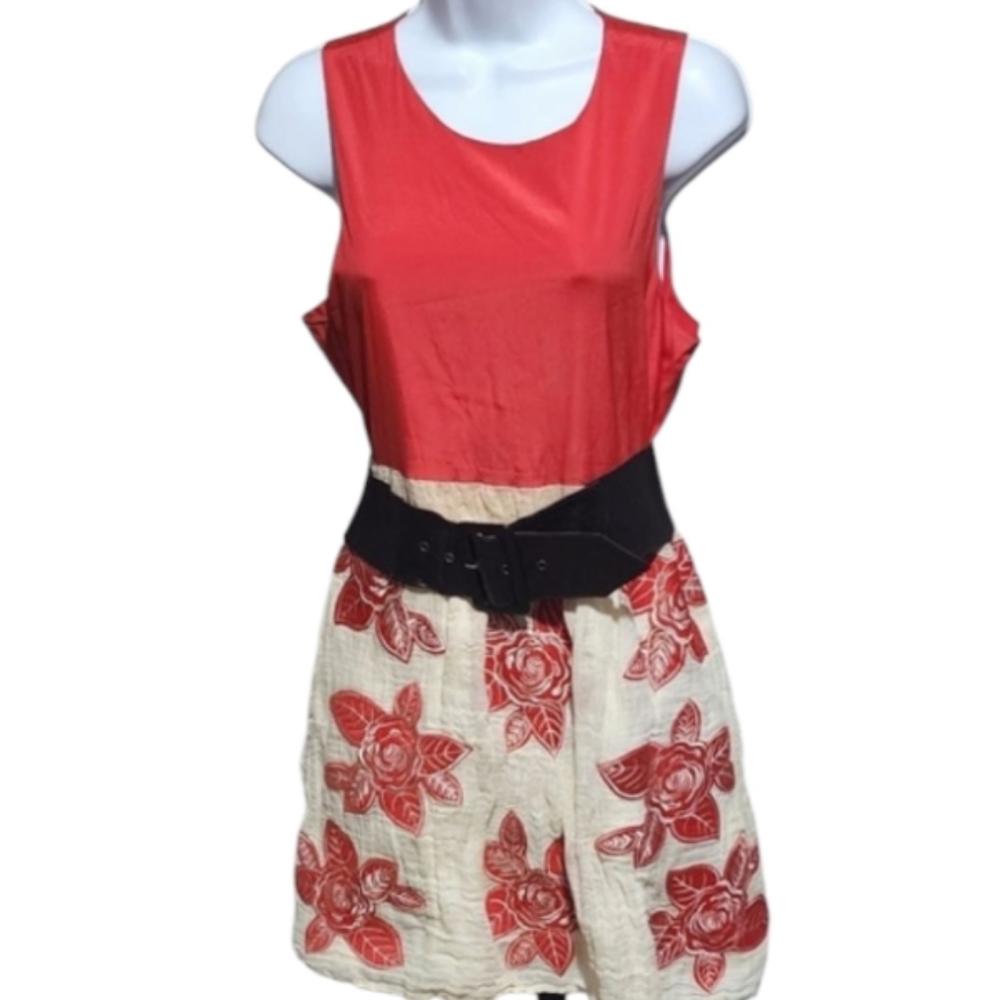 Alice + Olivia 100% SILK Red Floral Applique Boho Dress S/M